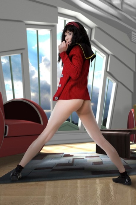 黑发女孩部分脱下 Cosplay 服装工作