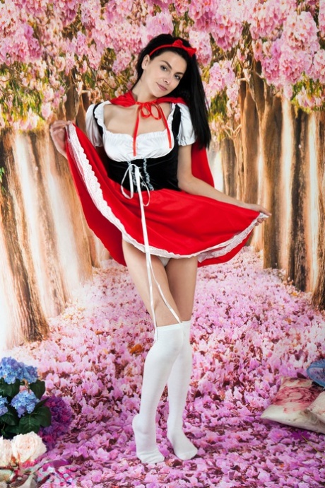 Dark haired teen girl strips off red hiding hood outfit & over the knee socks - pornpics.de