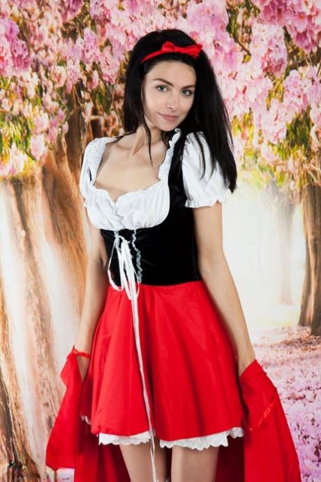 Dark haired teen girl strips off red hiding hood outfit & over the knee socks - pornpics.de