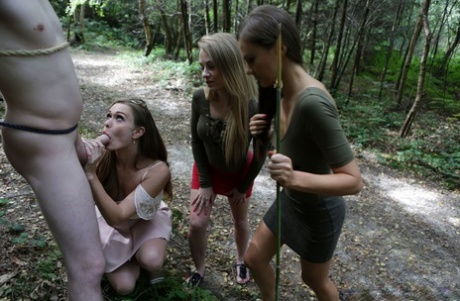 3 young girls walking in the woods find a restrained man and suck his cock - pornpics.de
