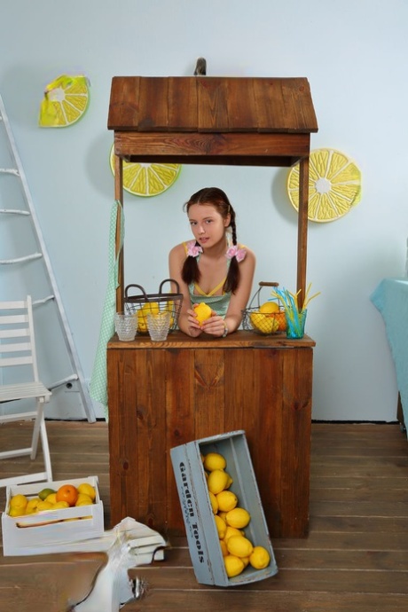 Young redhead Kim strips naked at her lemonade stand to drum up business