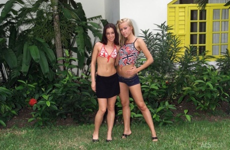 Teen girls Lisa & Sophie Moone have lesbian sex on a blanket in the backyard