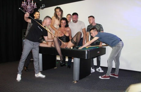 Two sluts get gangbanged on a pool table inside a recreation room - pornpics.de