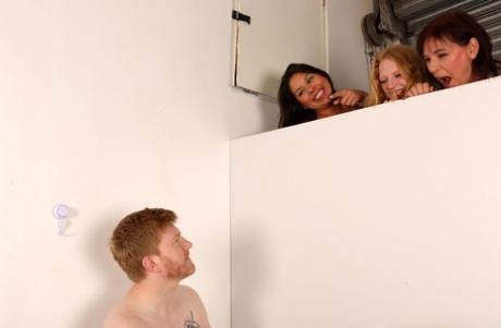 British ladies spy on a boy while he undresses prior to a CFNM handjob