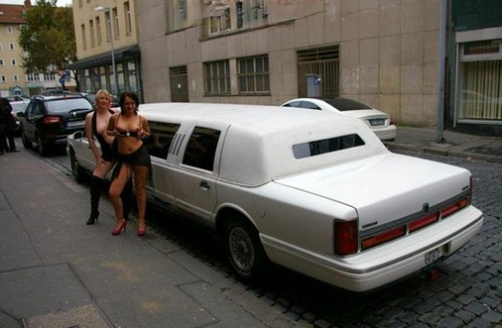 Amateur women flash their tits outside and inside of a stretch limo