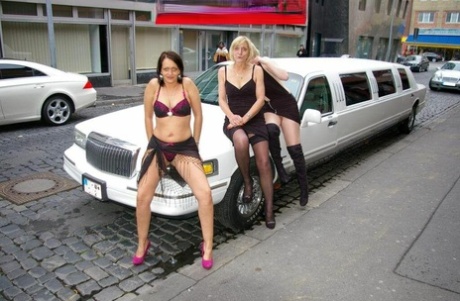 Amateur women flash their tits outside and inside of a stretch limo