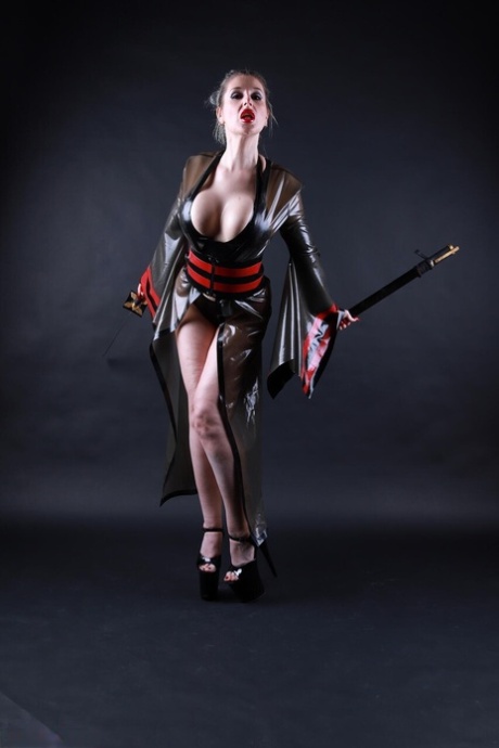 Platinum blonde model shows her great legs while outfitting cosplay apparel