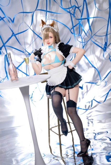 Hot busty sex doll maid teases with her nice big ass in stockings