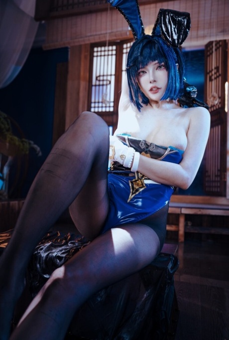 Blue-haired Asian wife with bunny ears strips & masturbates in a cosplay solo