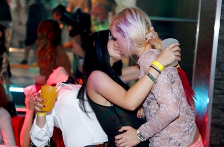 Desirable hotties getting naughty in lesbian way at the drunk party