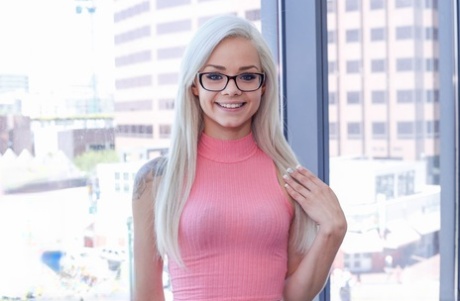Glasses adorned teen first timer Elsa Dream reveals phat ass and tiny tits