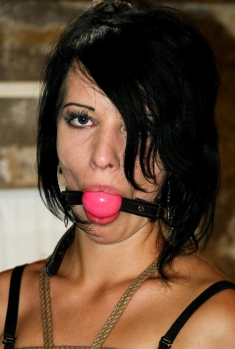 Dark haired female in spandex pants and a bra is left tied up and ball gagged - pornpics.de