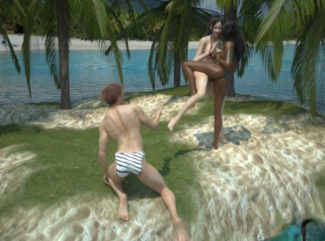 Animated transsexuals pounding a kinky guy on a deserted island
