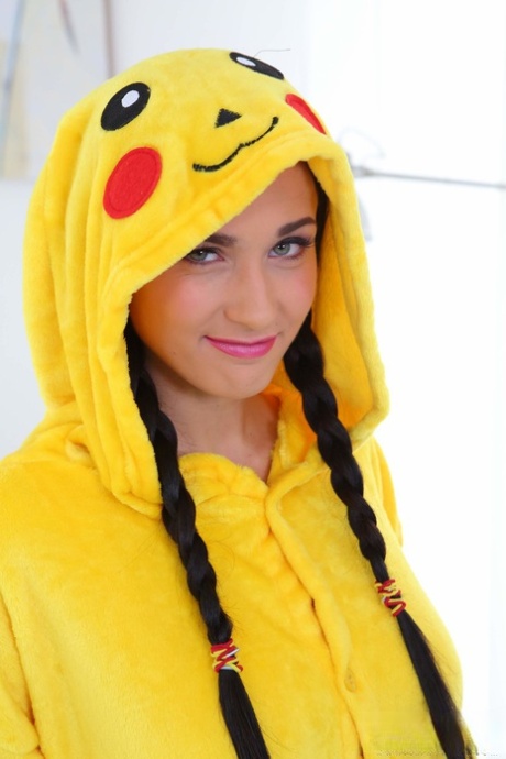 Sweet teen in Pikachu costume Nicole Love flaunts her boobs and toys herself