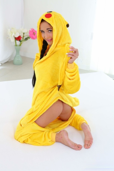 Sweet teen in Pikachu costume Nicole Love flaunts her boobs and toys herself - pornpics.de