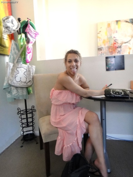Blonde stunner in a pink dress Natasha Vega bares tits during a makeup session