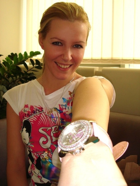 Adorable Hungarian blonde girl Sophie Moone trying on her new outfit