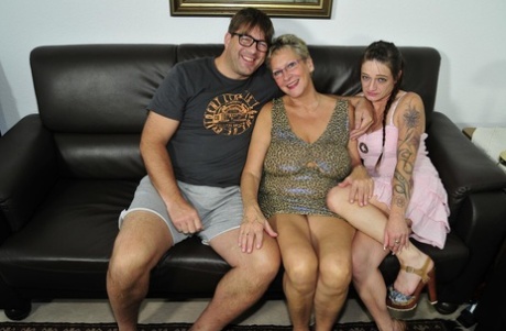 Fat dad & old mom with strapon fuck the pigtailed babysitter in hot threesome