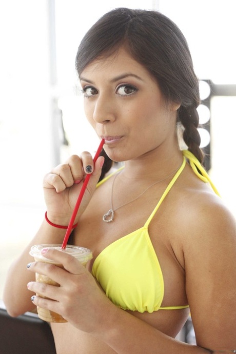 Cute Latina doll Jynx Maze strips her bikini & displays her big juicy booty