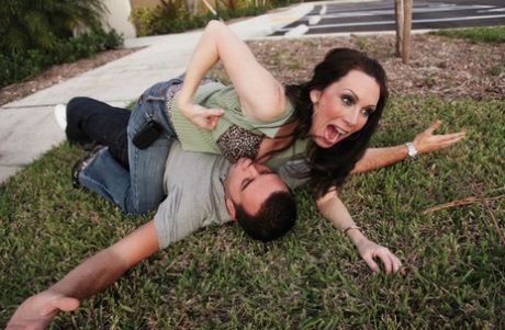 Brunette cougar RayVeness chases down a younger man and fucks him senseless