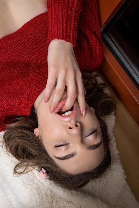 Amateur teen Kiere shows her big juggs and masturbates in a red sweater