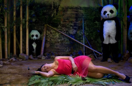 Ashli Orion gets face fucked by a bunch of men dressed in panda costumes