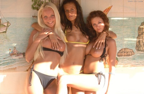 Three beautiful amateur babes stripping and kissing at the pool - pornpics.de