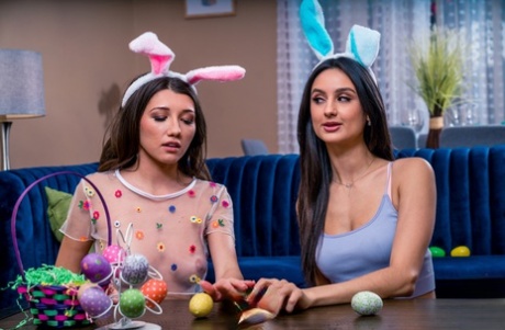 Teens with bunny ears Eliza Ibarra & Maya Woulfe taste each other