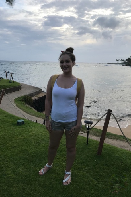 Petite girlfriend Gia Paige teases with her boobs and big booty in public