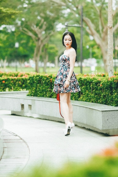 穿着优雅礼服的迷人亚洲美女在她的合辑中摆姿势