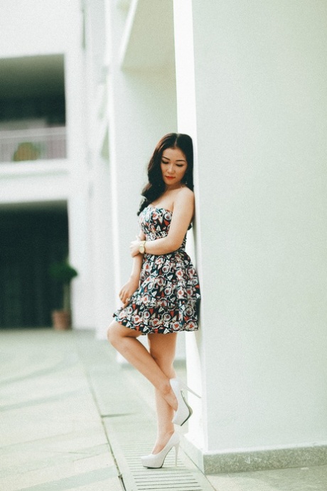穿着优雅礼服的迷人亚洲美女在她的合辑中摆姿势