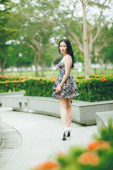 穿着优雅礼服的迷人亚洲美女在她的合辑中摆姿势