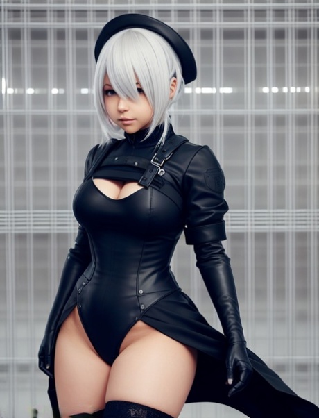 热辣的 AI 生成玩偶 Yorha 2b 独自摆出姿势，用她的大奶子挑逗观众