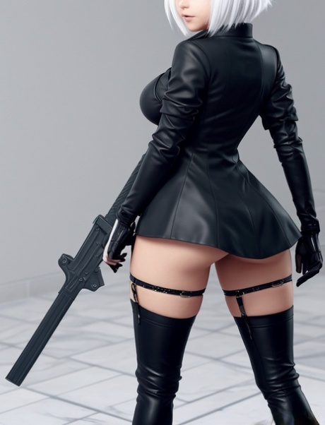 热辣的 AI 生成玩偶 Yorha 2b 独自摆出姿势，用她的大奶子挑逗观众