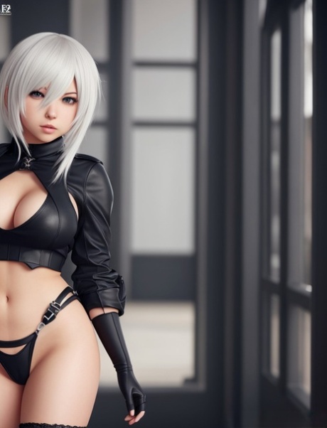 热辣的 AI 生成玩偶 Yorha 2b 独自摆出姿势，用她的大奶子挑逗观众