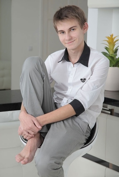 Feminine gay boy Mark plays with his huge dick and tastes his own jizz
