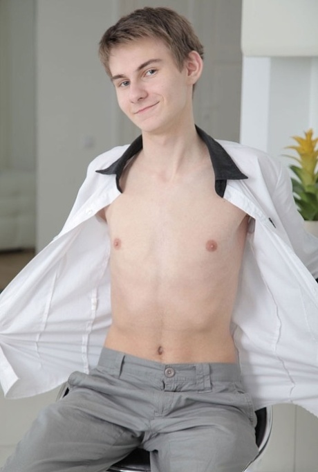 Feminine gay boy Mark plays with his huge dick and tastes his own jizz