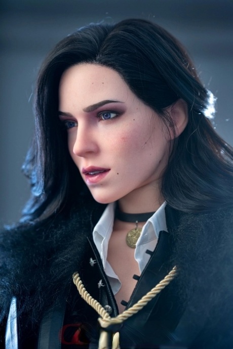 Raven-haired silicone sex doll Yennefer poses naked & in her black outfit