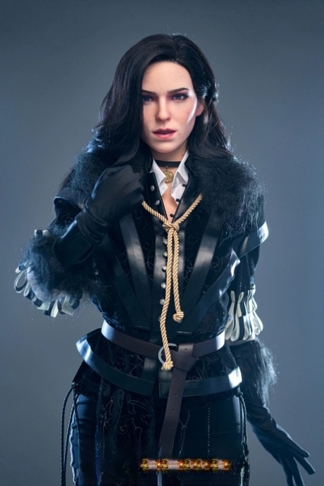 Raven-haired silicone sex doll Yennefer poses naked & in her black outfit