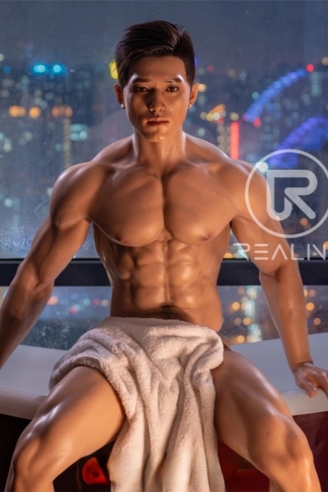 Hot Asian male love doll Hogan displays his fat hairy dick and muscular body