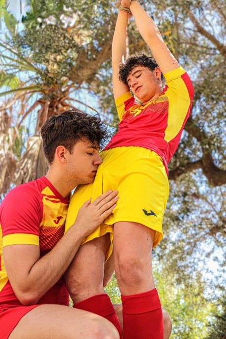 Gay Gabriel Parker gives a BJ to his bound soccer buddy Liam Holland