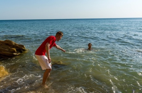 European teen Jane White losing her anal virginity on the sandy beach