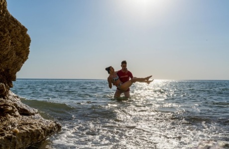 European teen Jane White losing her anal virginity on the sandy beach