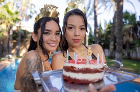 Latina girls Sky Moon & Dulce tongue kiss while sharing a birthday cake