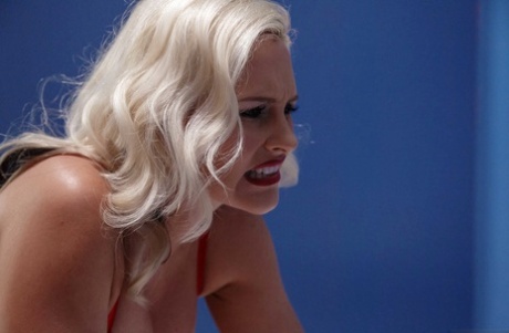 Sexy blonde MILF in a red dress Alena Croft shows her tits before sex - pornpics.de